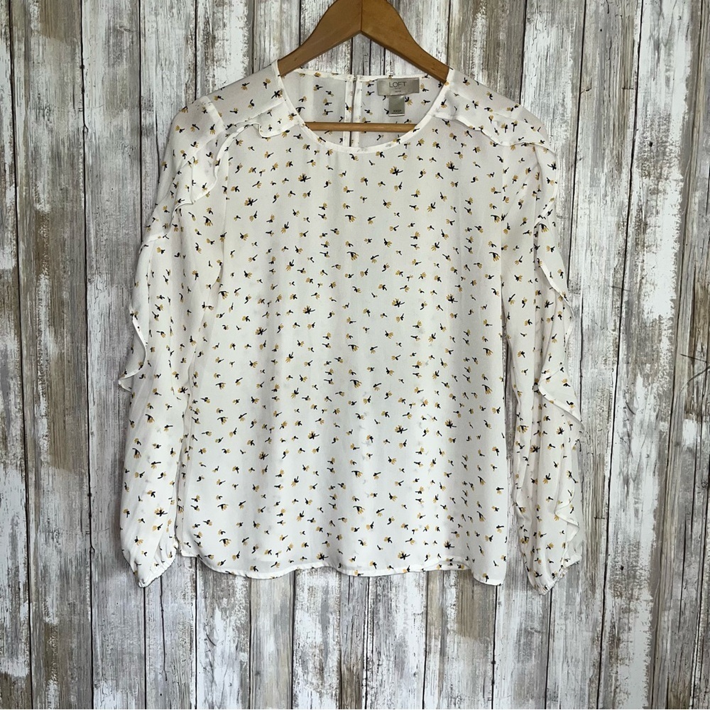 Loft White Floral Flutter Sleeve Blouse
